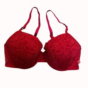 Victorias Secret Red Lace Bra Lined Demi Size 36D Floral Design Adjustable Strap